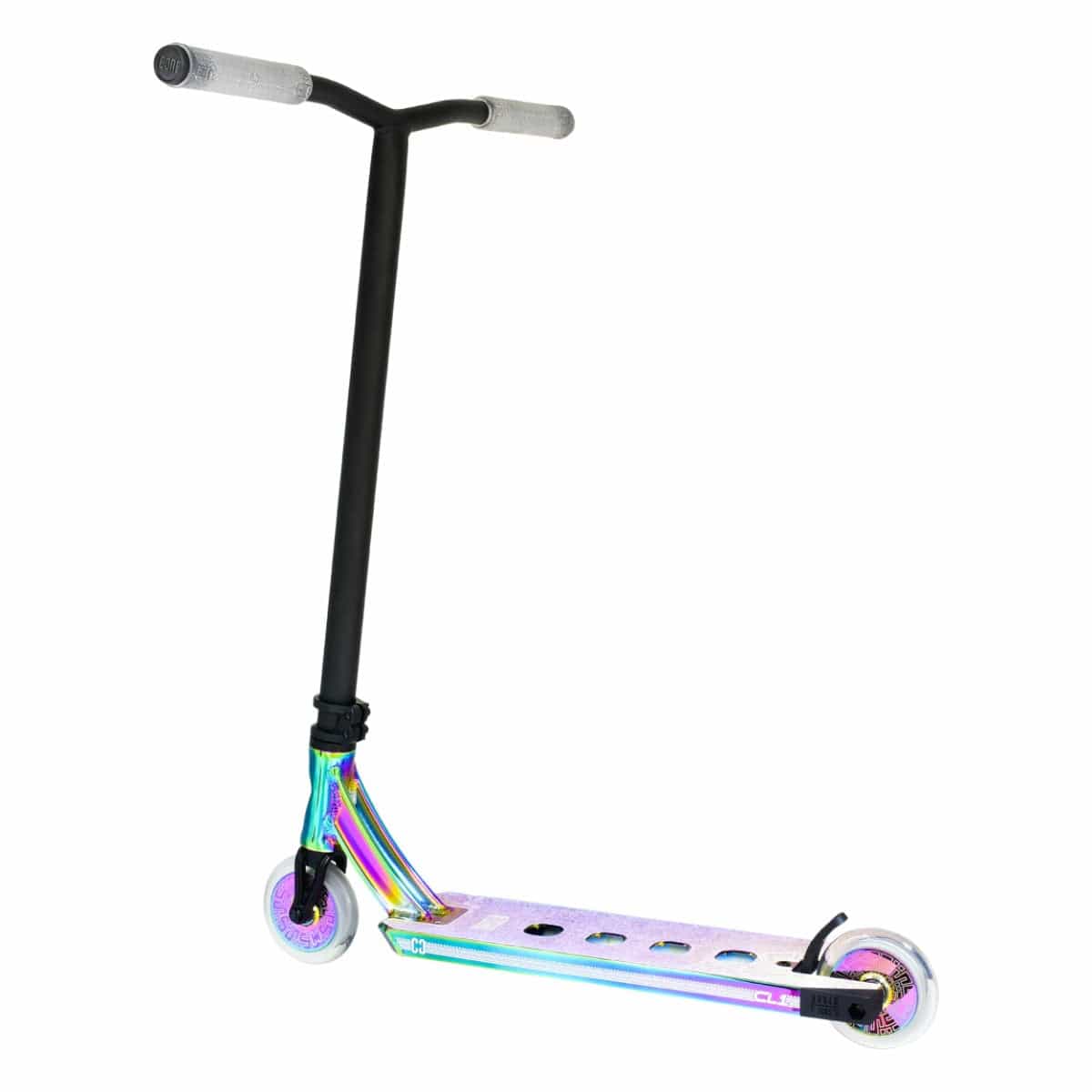 The CORE CL1 Complete Stunt Scooter by CORE, featuring a black handlebar and transparent handles, boasts a deck with a multicolored neochrome finish. The wheels, designed in white with an iridescent accent, complement the nylon box ends seamlessly. Set against a white background, this scooter highlights top-quality aftermarket components for enhanced style.