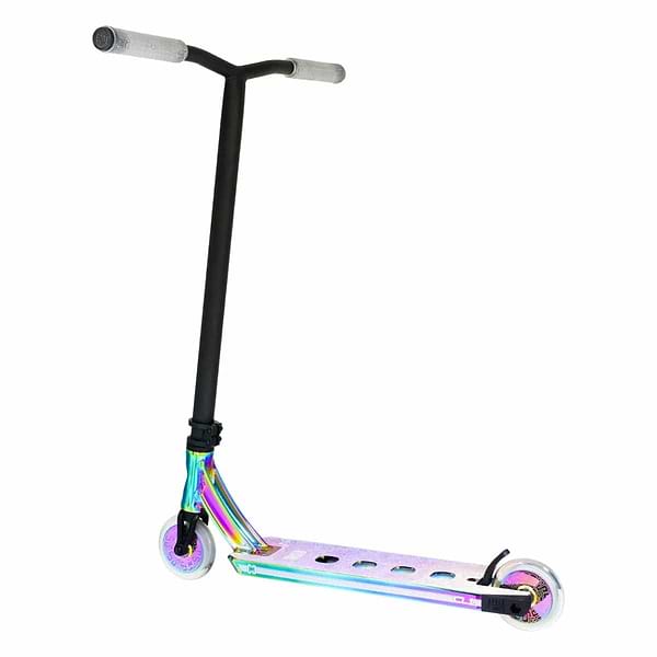 The CORE CL1 Complete Stunt Scooter by CORE, featuring a black handlebar and transparent handles, boasts a deck with a multicolored neochrome finish. The wheels, designed in white with an iridescent accent, complement the nylon box ends seamlessly. Set against a white background, this scooter highlights top-quality aftermarket components for enhanced style.