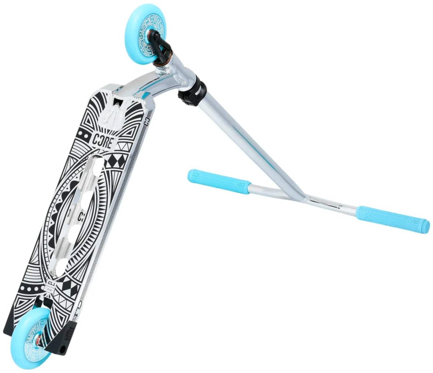 The CORE CL1 Complete Stunt Scooter by CORE showcases a sleek design with a chrome finish and teal wheels and grips. Its silver frame and slightly raised handlebars enhance its stylish appearance, while premium aftermarket components guarantee exceptional performance.