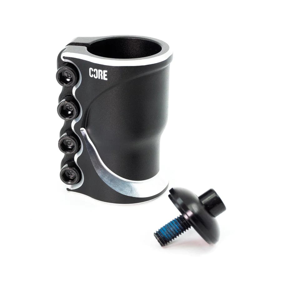 The CORE Cobra 4 Bolt Oversized SCS Stunt Scooter Clamp in black, made from lightweight Cold Forged Aluminium 6061, showcases sleek silver accents and prominently displays the "CORE" branding. Accompanying it is a black threaded compression cap featuring a blue thread.