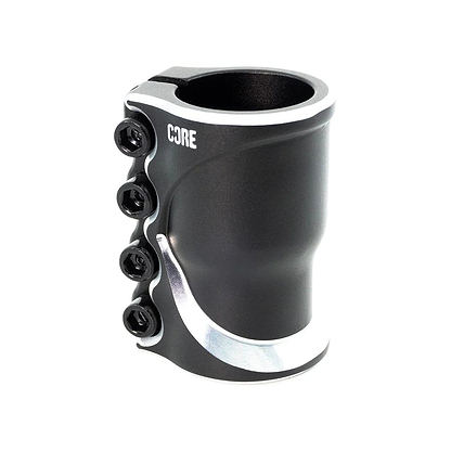 Introducing the CORE Cobra 4 Bolt Oversized SCS Stunt Scooter Clamp in Black, a sleek and stylish clamp made from Cold Forged Aluminium 6061. This lightweight accessory boasts four sturdy side bolts and features the "CORE" logo elegantly printed near the top, ensuring both strength and sophistication.
