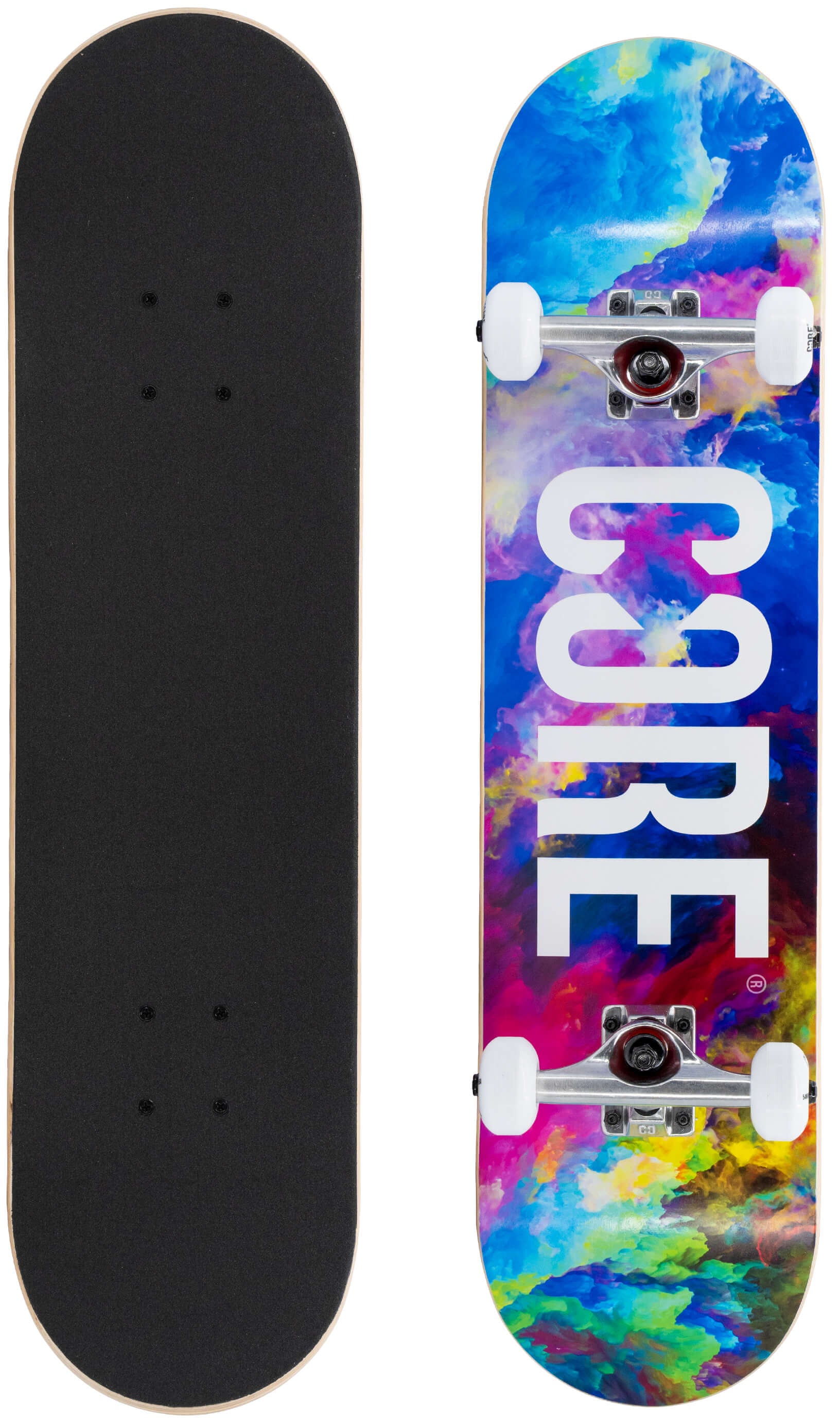 The CORE C1 Neon Galaxy Complete Skateboard - 7.75″ x 31″ shown from the top with black grip tape and from the bottom with a colorful galaxy print and white logo text.