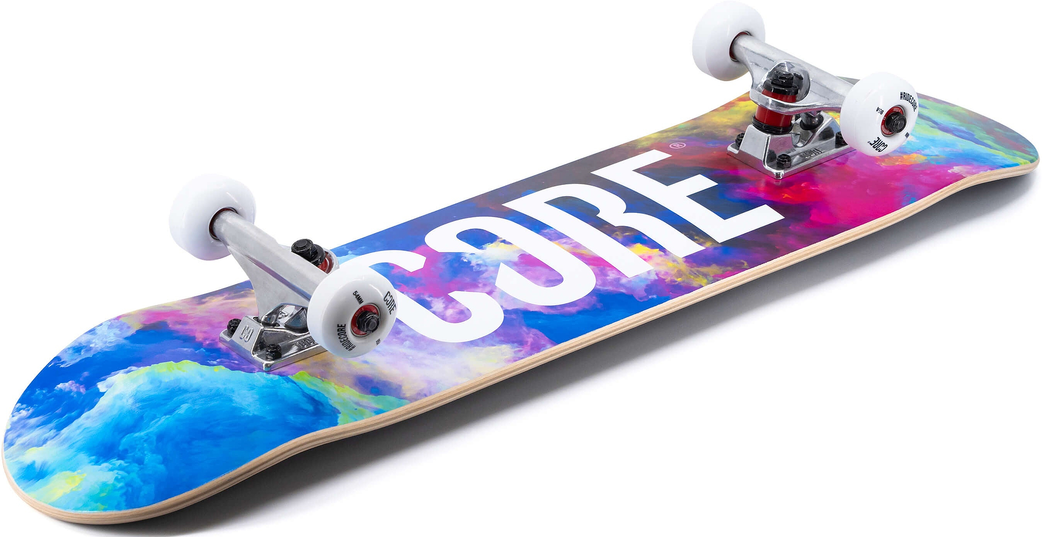 CORE C1 Neon Galaxy Complete Skateboard - 7.75″ x 31″ with a galaxy-patterned deck featuring large white text, silver trucks, and white wheels.
