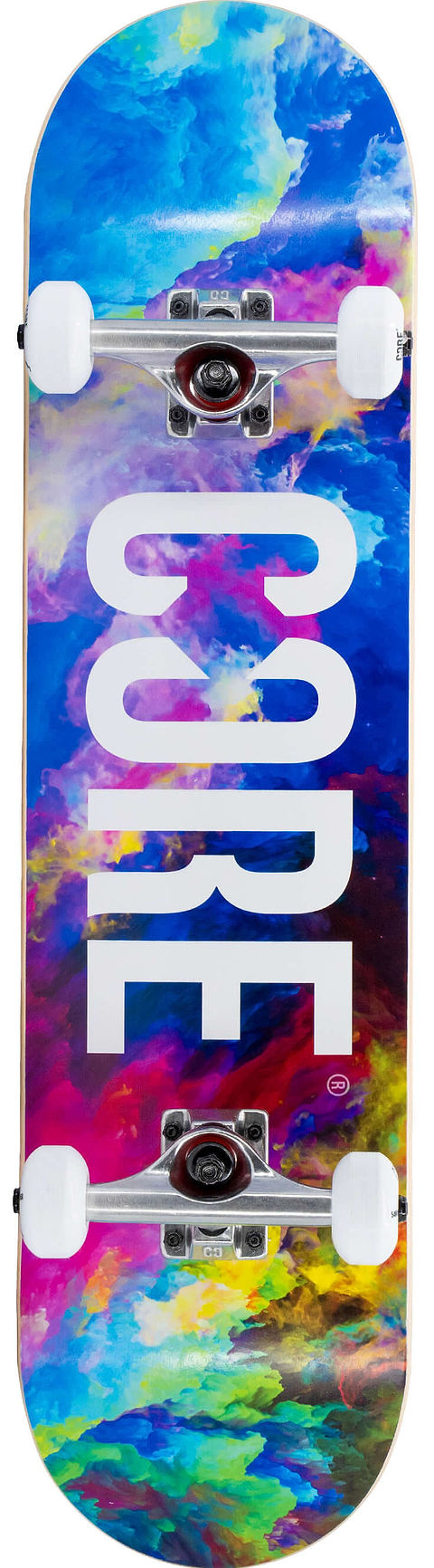 CORE C1 Neon Galaxy Complete Skateboard featuring a vibrant nebula-patterned maple deck with white lettering, silver trucks, and white wheels.