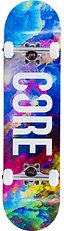 CORE C1 Neon Galaxy Complete Skateboard featuring a vibrant nebula-patterned maple deck with white lettering, silver trucks, and white wheels.
