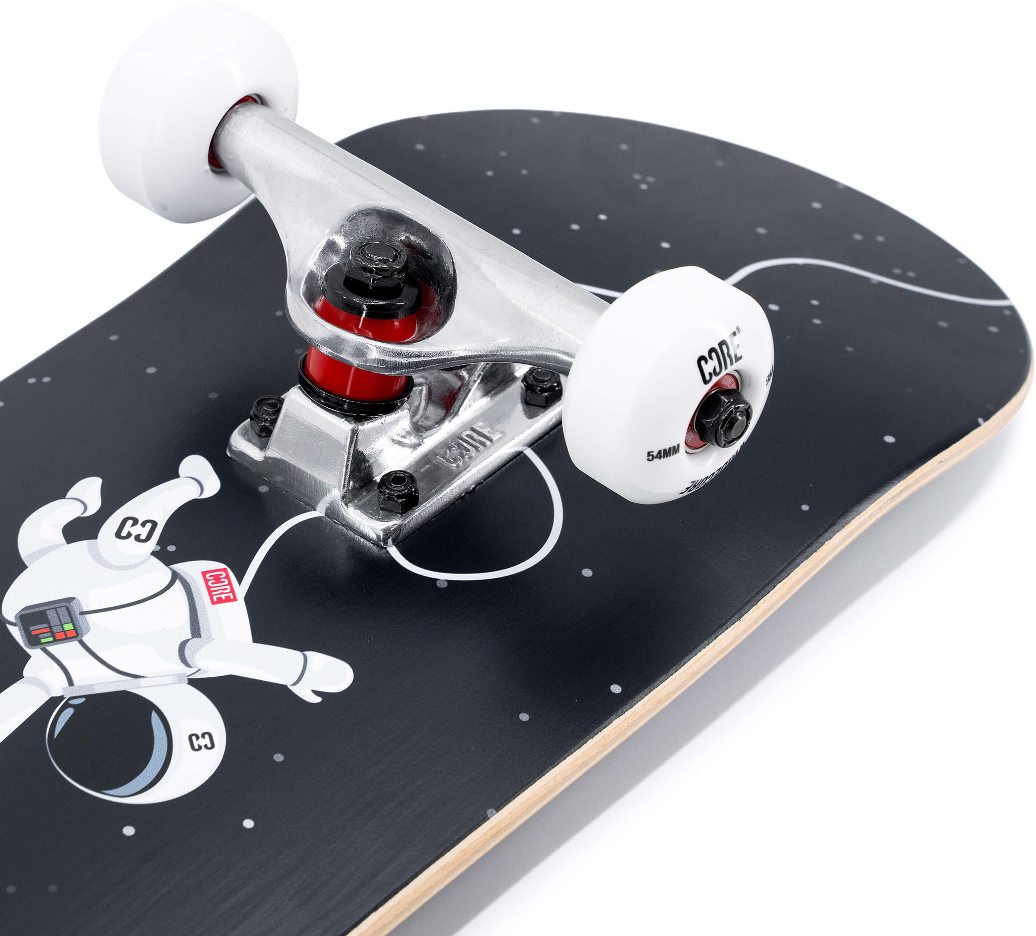 A CORE C1 Spaceman Complete Skateboard - 7.75″ x 31″ with a black deck featuring an astronaut graphic, metallic trucks, and white wheels.