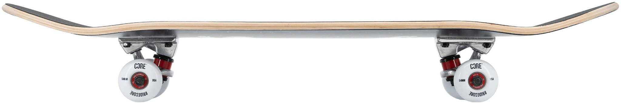 A side view of a CORE C1 Spaceman Complete Skateboard - 7.75″ x 31″, featuring a black deck, silver trucks, and white wheels with red hardware.