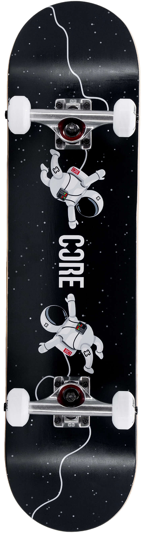 CORE C1 Spaceman Complete Skateboard - 7.75″ x 31″ with a black deck featuring a space-themed graphic of two floating astronauts connected by a tether, white wheels, and silver trucks.