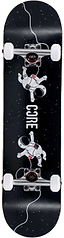 CORE C1 Spaceman Complete Skateboard - 7.75″ x 31″ with a black deck featuring a space-themed graphic of two floating astronauts connected by a tether, white wheels, and silver trucks.