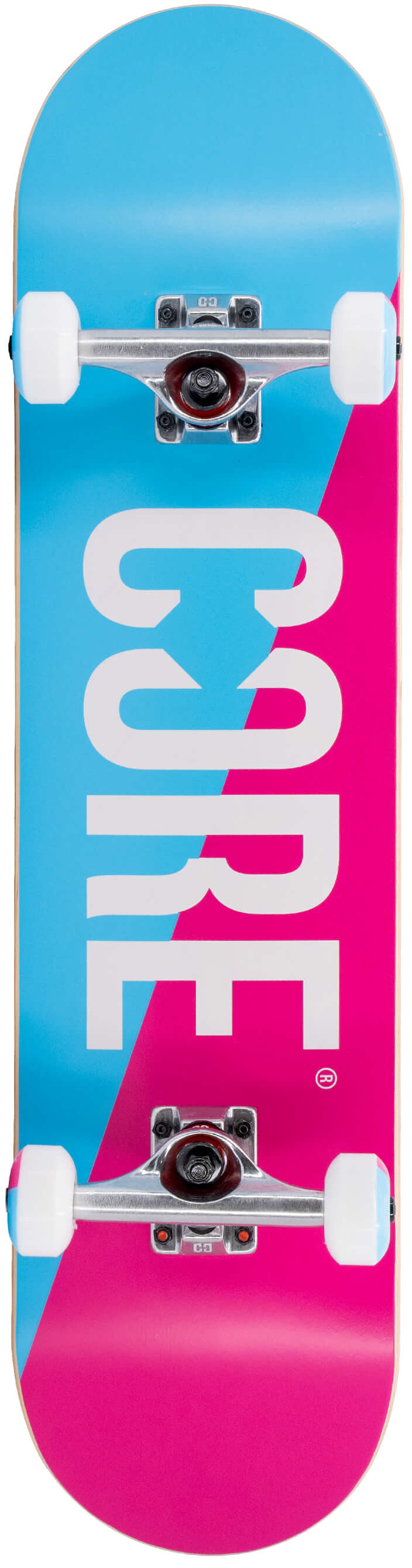 CORE C2 Pink / Blue Split Complete Skateboard featuring a split blue and pink deck with the word “CORE” in large white letters, silver trucks, and white wheels.