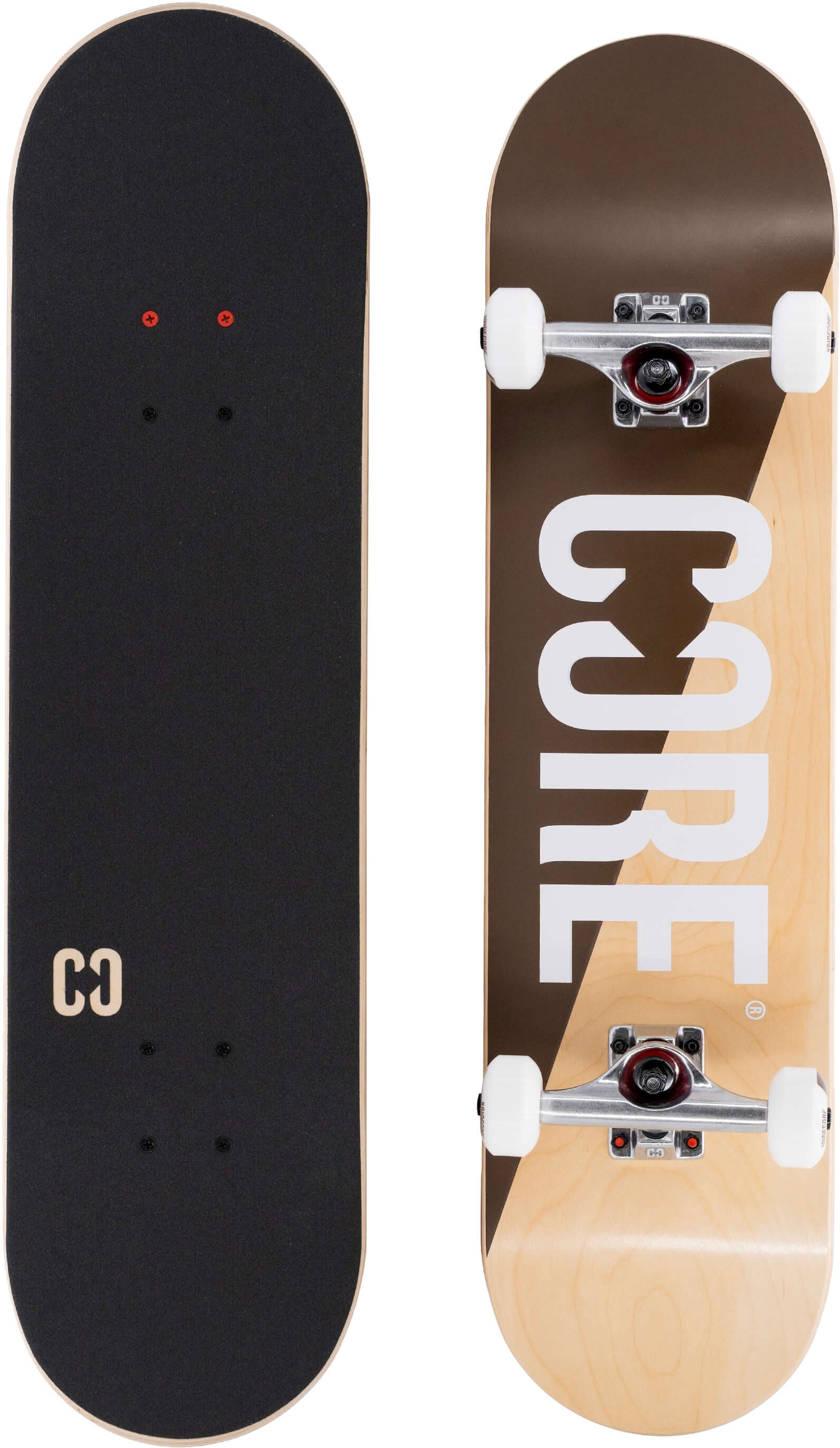 CORE C2 Raw Split Complete Skateboard - 7.75″ x 31″ shown from the top with black grip tape and from the bottom with a two-tone brown and natural maple wood design featuring white wheels and silver trucks.