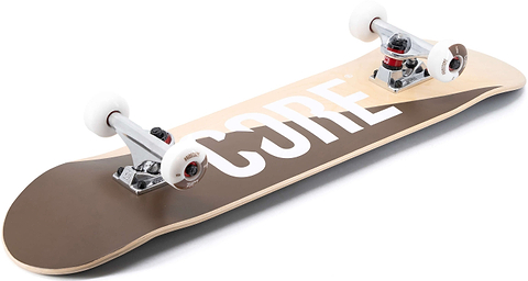A CORE C2 Raw Split Complete Skateboard - 7.75″ x 31″ with a two-tone tan and brown deck, featuring white text across the center and white wheels on silver trucks.