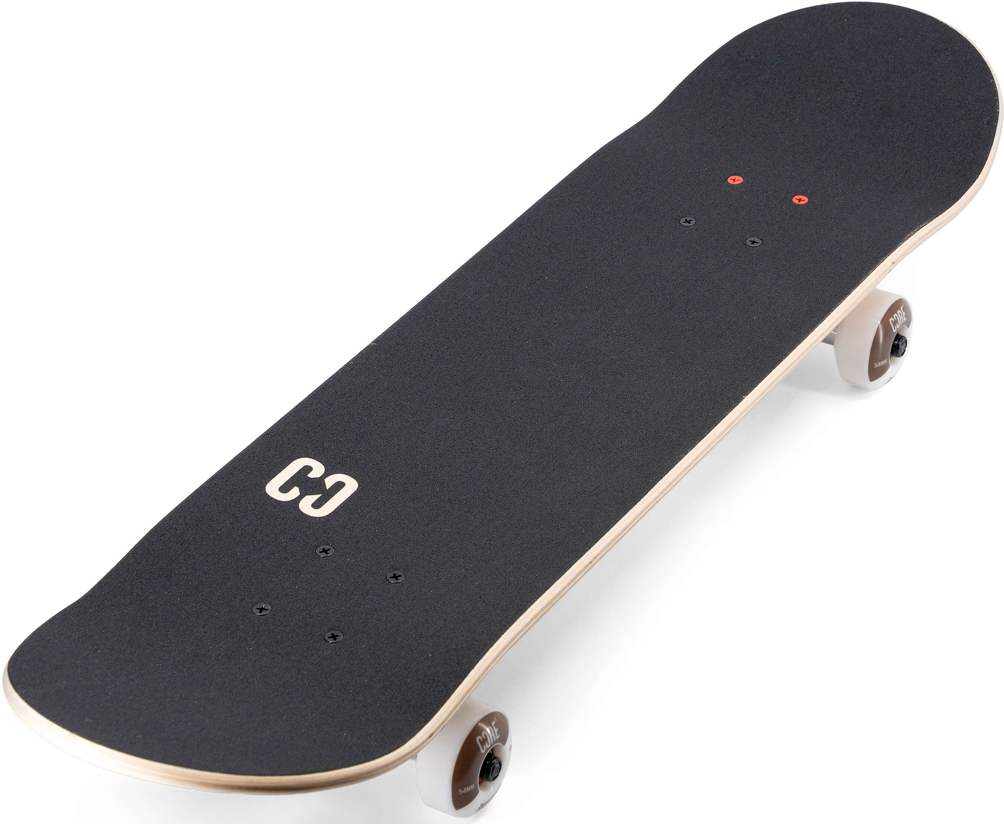CORE C2 Raw Split Complete Skateboard 7.75″ x 31″ featuring a black grip tape deck with a white logo, light wood edges, and white wheels.