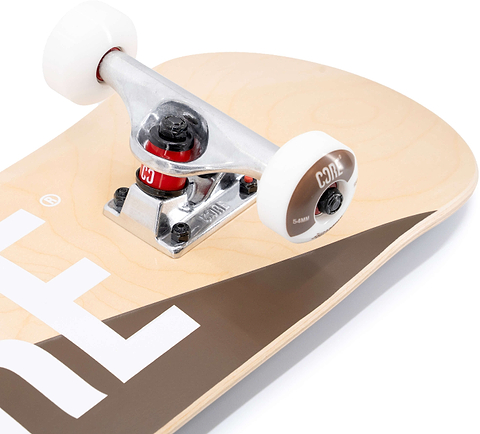 A CORE C2 Raw Split Complete Skateboard - 7.75″ x 31″ with a natural maple wood grain deck, brown and white graphic accents, metal trucks, and white wheels.