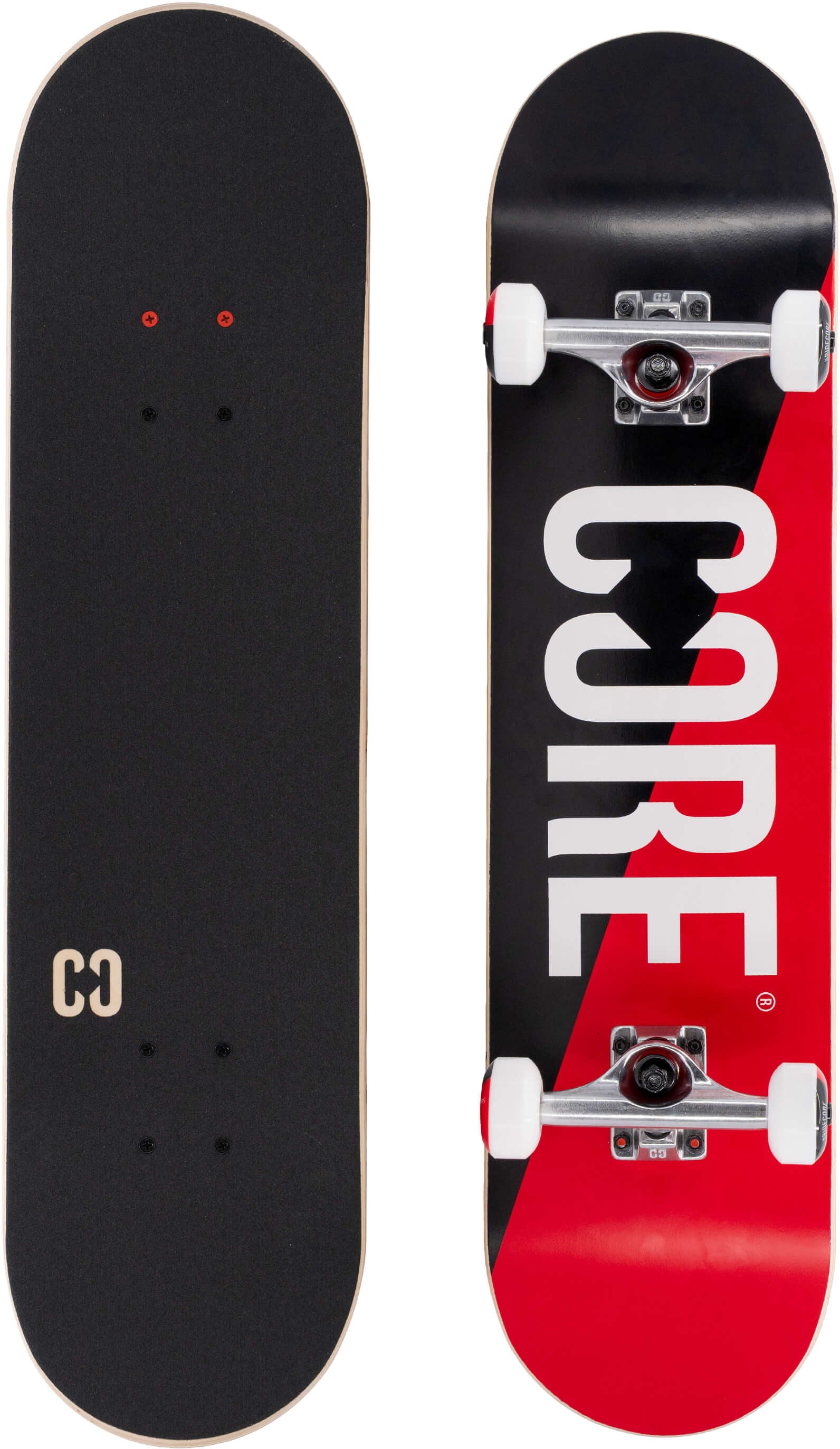 Top view of a CORE C2 Red / Black Split Complete Skateboard - 7.75″ x 31″ with black grip tape, and a bottom view featuring a diagonal red and black split design with large white text.