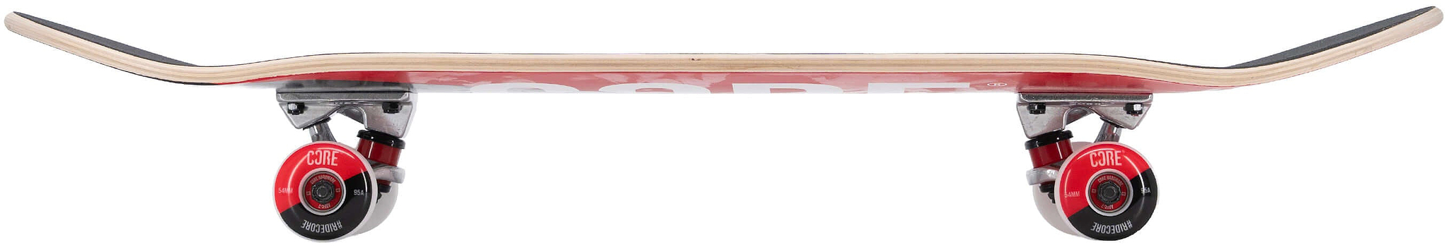 Side view of a CORE C2 Red / Black Split Complete Skateboard 7.75″ x 31″ with a red deck and black and white wheels.