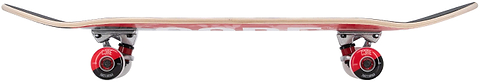 Side view of a CORE C2 Red / Black Split Complete Skateboard 7.75″ x 31″ with a red deck and black and white wheels.