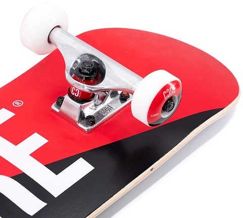 CORE C2 Red / Black Split Complete Skateboard - 7.75″ x 31″ featuring a red and black deck with silver metal trucks and white wheels.