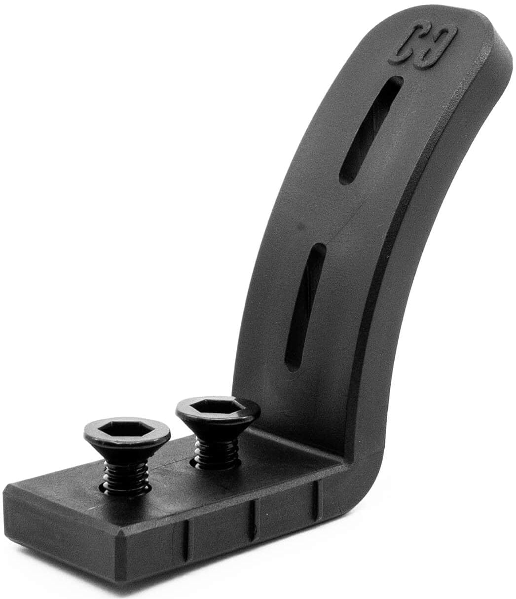 The CORE Dual Nylon Stunt Scooter Brake - Black by CORE features an L-shaped mounting bracket with two hex screws and a slotted upright hole, ideal for securely attaching dual brakes to stunt scooters with 110mm or 120mm wheels.
