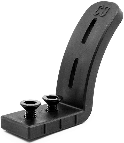 The CORE Dual Nylon Stunt Scooter Brake - Black by CORE features an L-shaped mounting bracket with two hex screws and a slotted upright hole, ideal for securely attaching dual brakes to stunt scooters with 110mm or 120mm wheels.