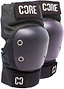 The CORE Pro Elbow Skate Protection Pads in black and grey, featuring hard protective shells and metal rivets, offer complete support alongside matching knee pads. The "CORE" brand is displayed prominently on top, with a "CO" logo on the strap. These pads are ideal for ensuring safety during skateboarding or scootering.