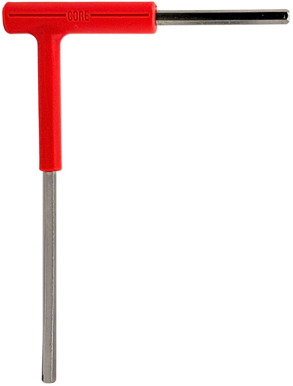 The CORE Hench Wrench 6mm Stunt Scooter Allen Key by CORE features a T-handle design with a red plastic grip and dual metal shafts, ideal for tightening or loosening hex screws on your stunt scooter.