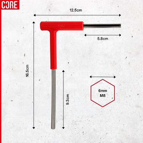 The CORE Hench Wrench 6mm Stunt Scooter Allen Key by CORE is shown in red, measuring 16.5cm long, with a 12.5cm handle width, 9.3cm vertical shaft, and 5.8cm horizontal shaft; ideal for scooter maintenance (hex size: 6mm/M8).
