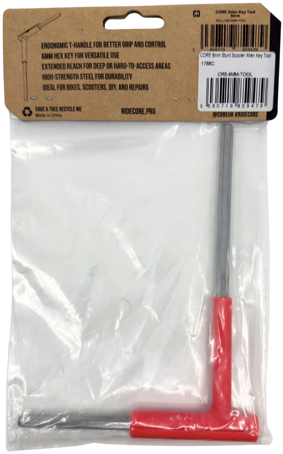 The CORE Hench Wrench 6mm Stunt Scooter Allen Key by CORE features a red grip, is packaged in a clear plastic bag with a brown cardboard label detailing its use for bikes, scooters, and DIY repairs.