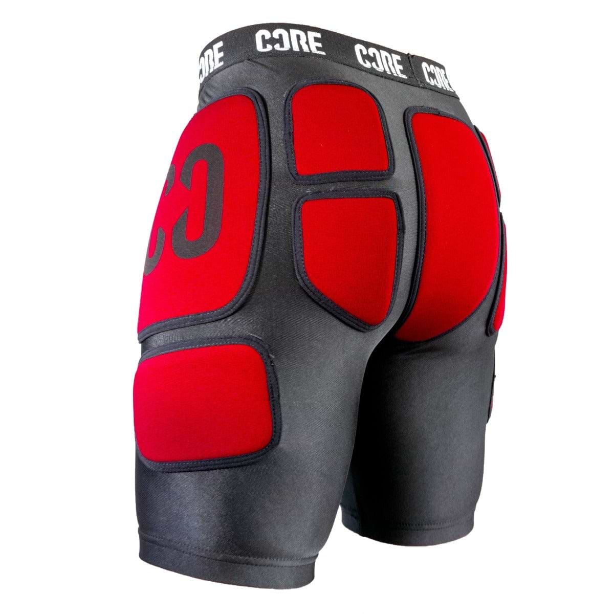 The CORE Stealth Impact Padded Skate Protection Shorts in black and red deliver exceptional protection with their padded compression on the thighs and rear. Made from Lycra material, these shorts showcase the "CORE" logo on the waistband, making them ideal for impact sports or activities that need additional padding.