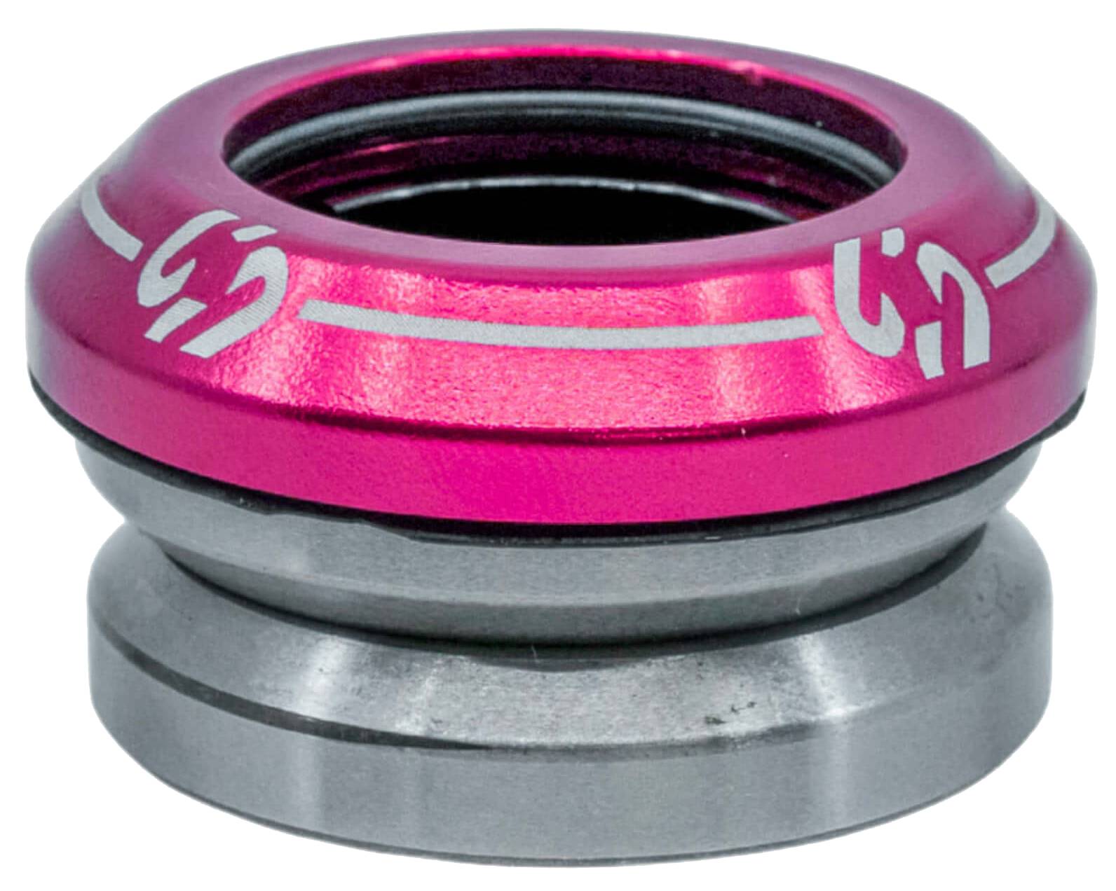 The CORE Icon Integrated Stunt Scooter Headset - Pink by CORE features a striking pink and silver design with white markings, displayed against a white background. Ideal for use as an integrated scooter headset or stunt scooter headset, it offers both standout style and dependable performance.