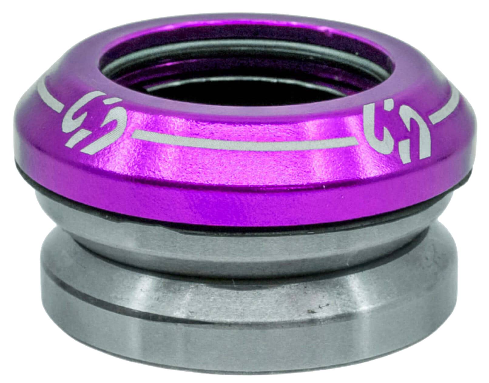 The CORE Icon Integrated Stunt Scooter Headset - Purple by CORE features a metallic integrated design with a shiny purple top and silver base, accented by white lines and symbols on the upper part. Engineered for durability, this headset comes equipped with sealed bearings for smooth performance, making it an ideal upgrade for custom bikes or stunt scooters.