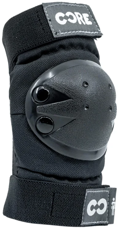 The CORE Junior Triple Skate Protection Pad Set in Black/Grey features hard plastic shells, adjustable straps, and visible stitching, offering kids reliable protection for skatepark safety during sports or outdoor activities.