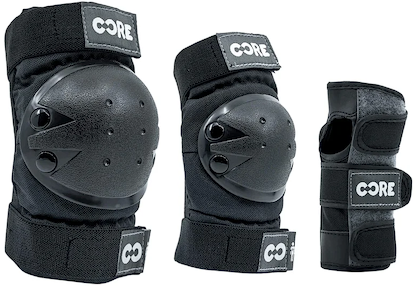 The CORE Junior Triple Skate Protection Pad Set in Black/Grey includes two padded knee/elbow pads and a wrist guard with CORE branding, providing essential safety for young riders or skaters.
