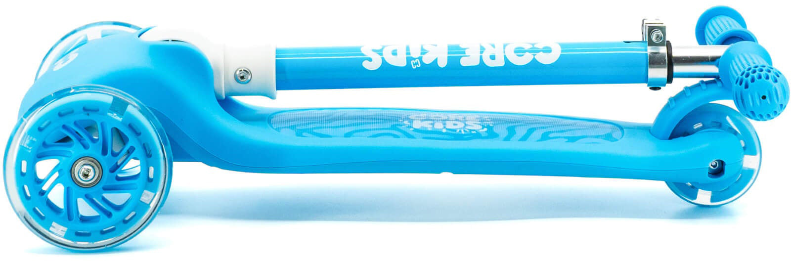 Introducing the CORE Foldy 3 Wheel Kids Scooter - Blue by CORE, featuring a convenient foldable design, three transparent wheels, “CORE KIDS” printed on both the deck and handlebar, and an adjustable handlebar for easy storage or transport—making it the perfect choice for young riders on the move.