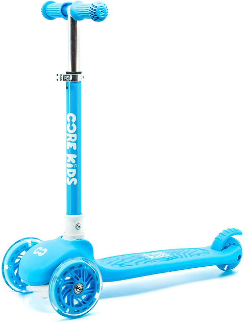 The CORE Foldy 3 Wheel Kids Scooter in blue features an adjustable handlebar and footboard, both showcasing the CORE brand, and is thoughtfully designed for young children.