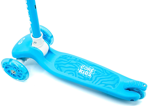 A CORE Foldy 3 Wheel Kids Scooter in blue, featuring an adjustable handlebar and “COOL KIDS” written on the deck, displayed from above at an angle.