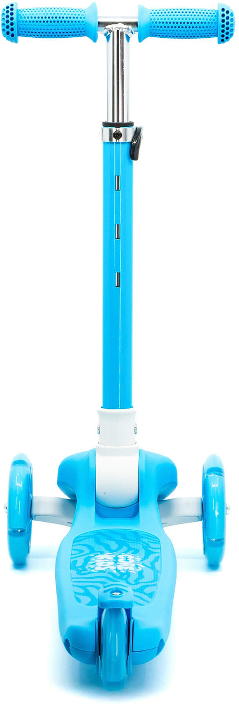 The CORE Foldy 3 Wheel Kids Scooter - Blue by CORE is shown from the front, featuring an adjustable handlebar and a patterned footboard in blue and white.