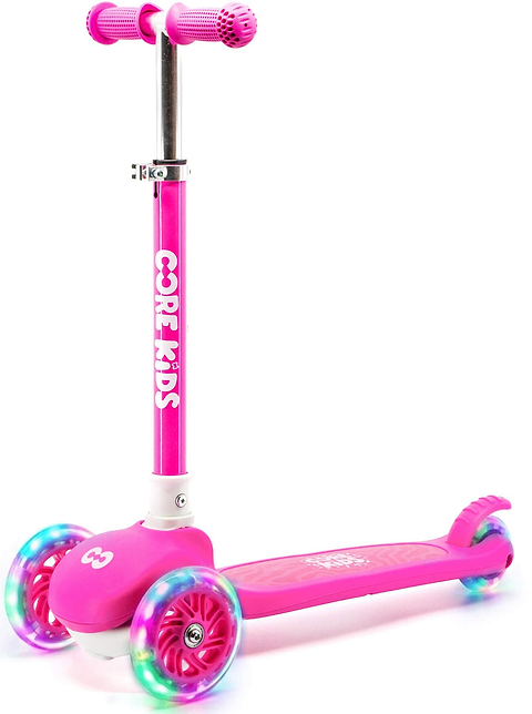 The CORE Foldy 3 Wheel Kids Scooter - Pink by CORE features a vibrant pink handlebar and footboard, with “CORE KIDS” text and multicolored light-up front wheels. Its lean-to-steer design helps young riders balance and turn with ease.