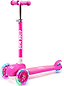 The CORE Foldy 3 Wheel Kids Scooter - Pink by CORE features a vibrant pink handlebar and footboard, with “CORE KIDS” text and multicolored light-up front wheels. Its lean-to-steer design helps young riders balance and turn with ease.
