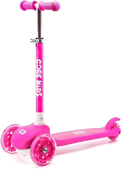 Introducing the CORE Foldy 3 Wheel Kids Scooter - Pink by CORE, featuring “CORE KIDS” on the handlebar stem. This vibrant scooter includes pink handles, a matching pink deck and brake, and dazzling LED light-up wheels. The lean-to-steer design ensures a fun and coordinated riding experience for kids.