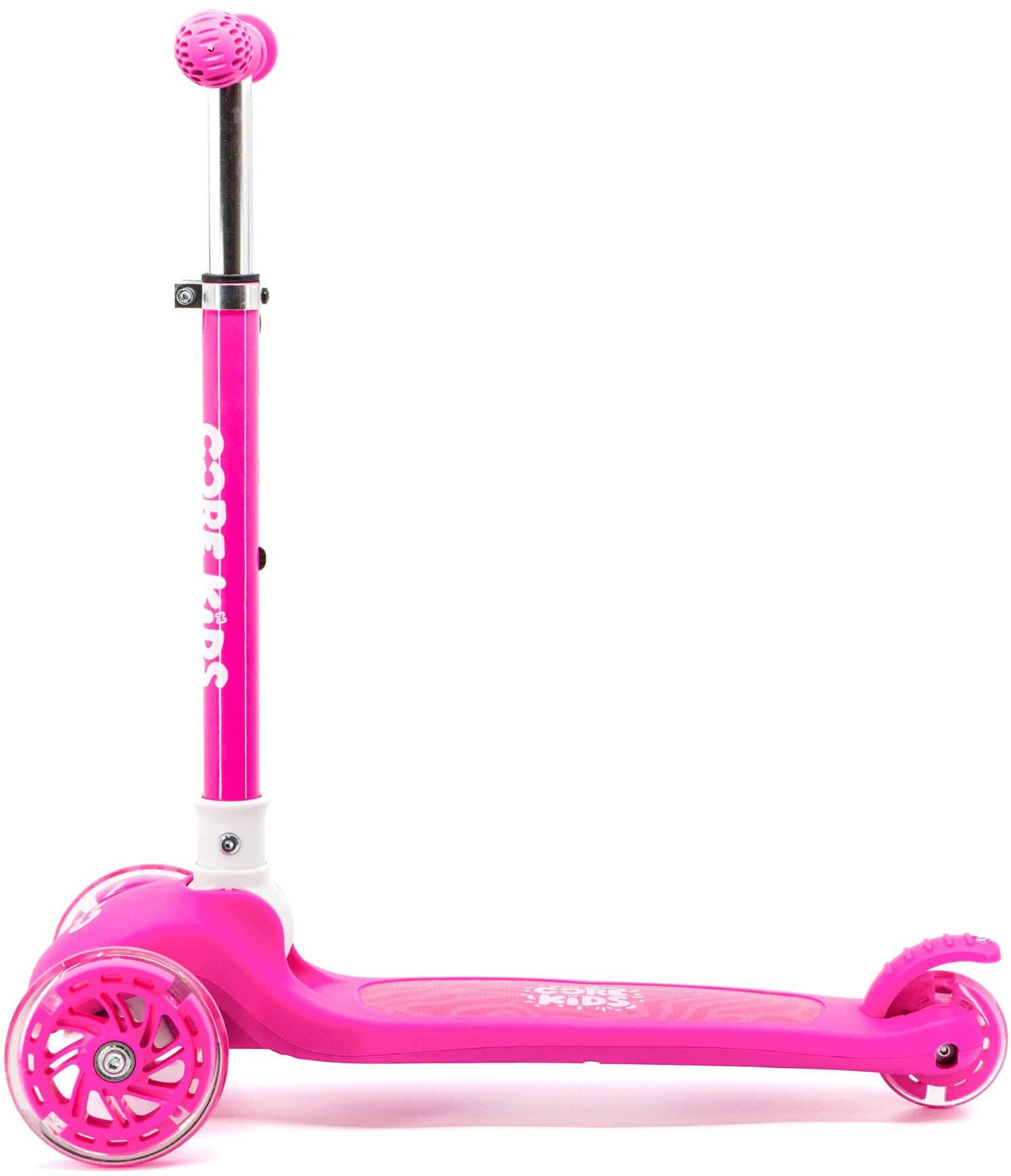 A vibrant pink CORE Foldy 3 Wheel Kids Scooter by CORE, featuring a T-bar handle and bold white “COOL KIDS” text on the stem, is displayed against a white background. This lean-to-steer scooter is ideal for young riders seeking both stability and style.