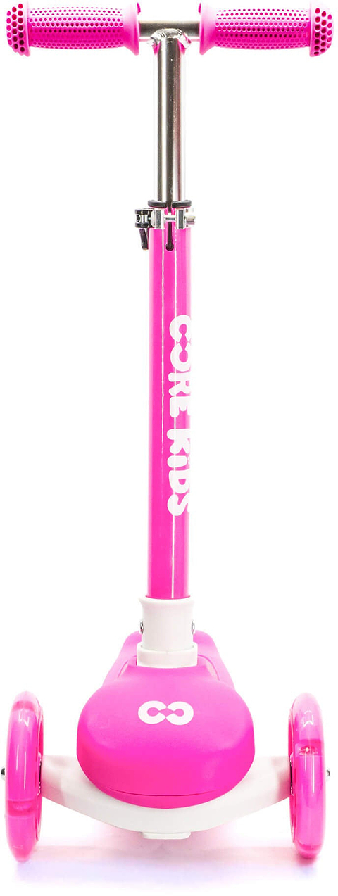 A bright pink three-wheeled kids’ scooter, the CORE Foldy 3 Wheel Kids Scooter by CORE, shown from the front with “COOL KIDS” printed on the stem. This fun and sturdy scooter features a lean-to-steer design, making it perfect for young riders to navigate turns with ease.
