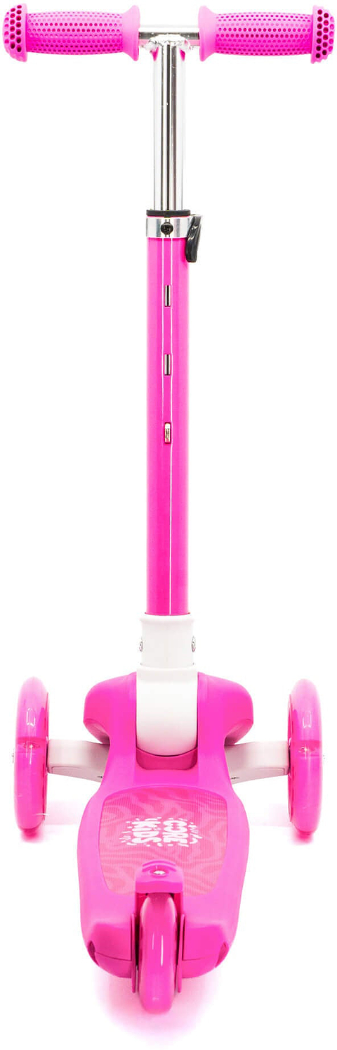 Front view of the CORE Foldy 3 Wheel Kids Scooter in pink, featuring pink handlebars and wheels on a white background; this scooter by CORE is designed as a lean-to-steer model for easy maneuvering.