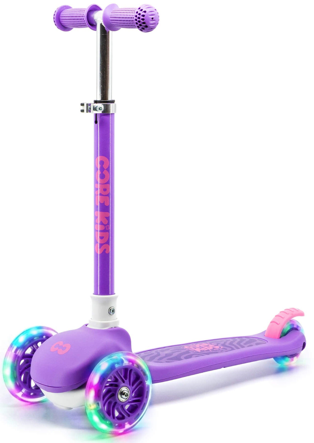Introducing the CORE Foldy 3 Wheel Kids Scooter - Purple by CORE, a vibrant purple scooter built just for kids. This scooter features colorful rainbow LED lights on all three wheels and displays “COOL KIDS” prominently on the handlebar stem. With its lean-to-steer system for easy maneuvering, rear foot brake, and textured standing platform, it offers both safety and comfort for young riders.