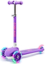 Introducing the CORE Foldy 3 Wheel Kids Scooter - Purple by CORE, a vibrant purple scooter built just for kids. This scooter features colorful rainbow LED lights on all three wheels and displays “COOL KIDS” prominently on the handlebar stem. With its lean-to-steer system for easy maneuvering, rear foot brake, and textured standing platform, it offers both safety and comfort for young riders.
