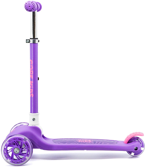 The CORE Foldy 3 Wheel Kids Scooter - Purple by CORE is displayed from the side on a white background. This purple scooter, accented with pink, features an adjustable handlebar and a foot brake over the rear wheel. Its lean-to-steer design provides stability and easy maneuvering for young riders.