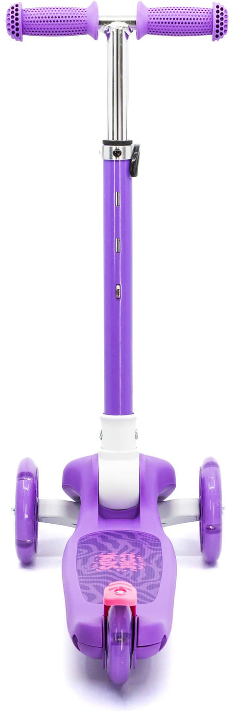 Introducing the CORE Foldy 3 Wheel Kids Scooter - Purple by CORE. This kids scooter features a vibrant purple design with pink accents, two front wheels and one rear wheel for enhanced stability, a wide foot platform, and a T-shaped handlebar. The lean-to-steer mechanism offers easy maneuverability, making it perfect for young riders.