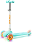 Introducing the CORE Foldy 3 Wheel Kids Scooter in Teal / Peach by CORE. This scooter features a teal design with peach-colored wheel hubs, a white stem labeled “CORE KIDS,” and eye-catching multicolored LED lights in the wheels. The lean-to-steer mechanism is complemented by a rear brake, textured foot deck, and an adjustable handlebar—perfect for growing riders.