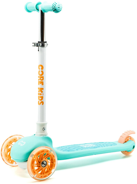The CORE Foldy 3 Wheel Kids Scooter by CORE, shown in teal and peach with “CORE KIDS” printed on the handlebar stem, features an adjustable handlebar to accommodate growing riders and is displayed on a white background.