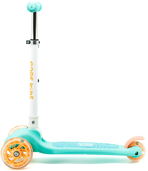 Introducing the CORE Foldy 3 Wheel Kids Scooter in Teal / Peach – a vibrant kids’ scooter featuring an adjustable white handlebar, orange wheels, and distinctive “CORE” branding on the stem. This lean-to-steer scooter delivers a smooth, stable ride and effortless maneuverability for young riders.